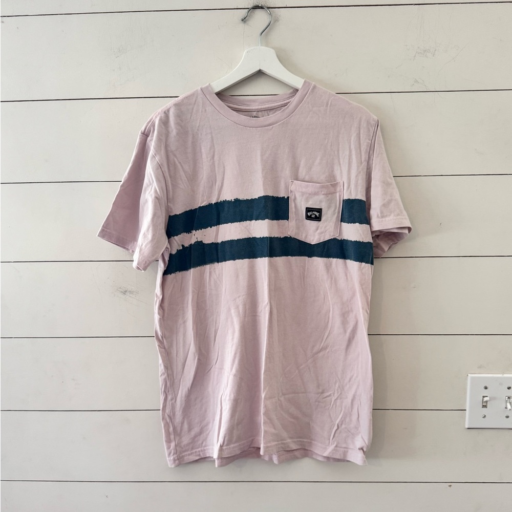 Billabong Men's Light Pink and Navy Stripe Skater Tee Size Large